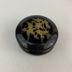 Vintage Black Gold Floral Round Decorative Hinged Trinket‎ Plastic Box